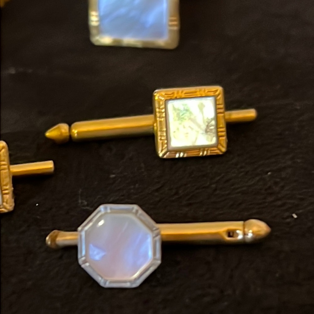 Antique gold tone mother of pearl cufflinks & Nu lok Swank studs tuxedo set